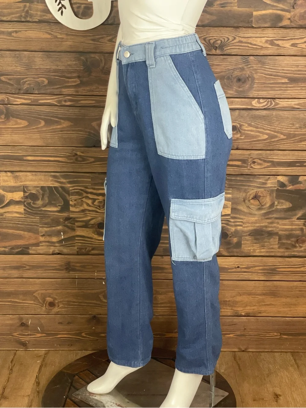 Two Tone Carpenter Cargo Jeans Straight Leg‎ Multi Pocket Patchwork Denim